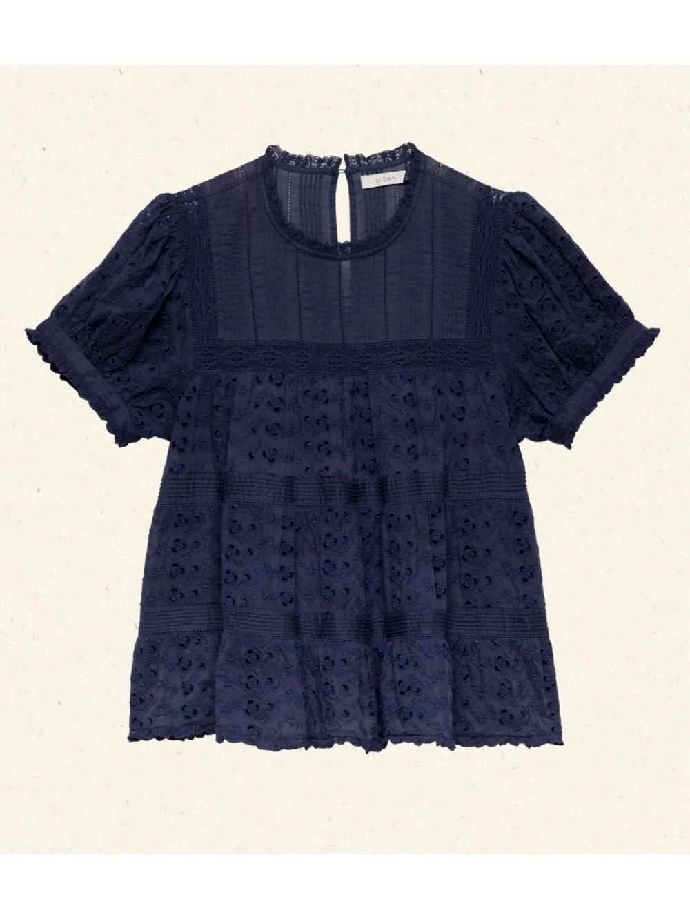 Doen Adeline Eyelet Cotton Short Puff Sleeve Babydoll Top Adriatic Navy Blue